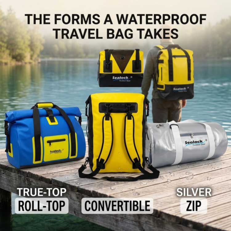 Three forms of waterproof travel bag roll-top duffel convertible backpack and watertight zipper duffel