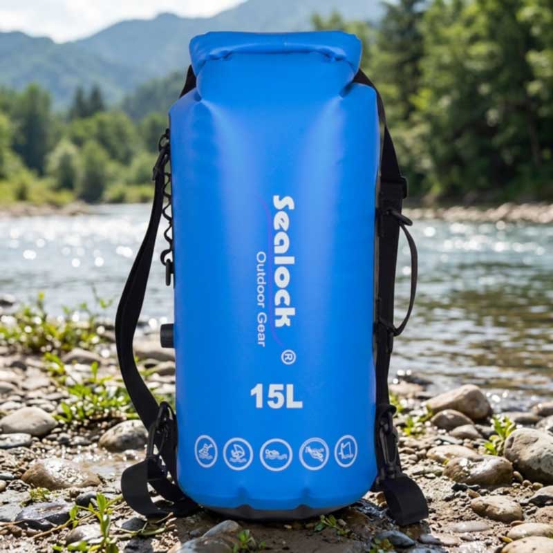 Roll-top dry bag closed, showing the logo placed below the folded roll zone